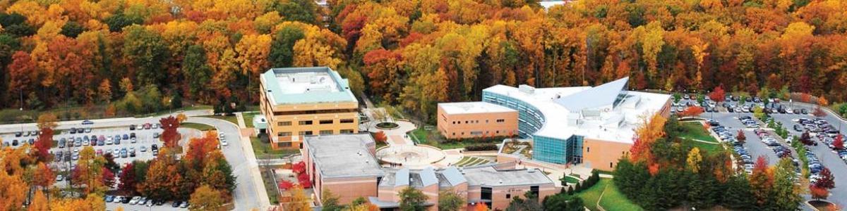Aerial view of AACC Arnold campus with fall color.